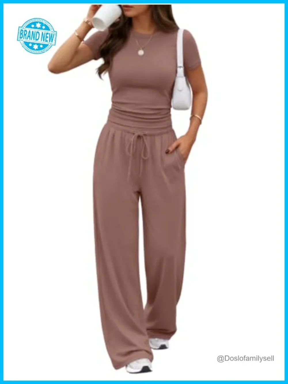 Women's 2 Piece Matching Lounge Set with Pockets Wide Leg Pants